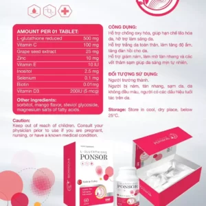 VIÊN NGẬM TRẮNG DA DƯỠI LƯỠI GLUTATHIONE PONSOR 500mg NHẬP KHẨU TURKEY
